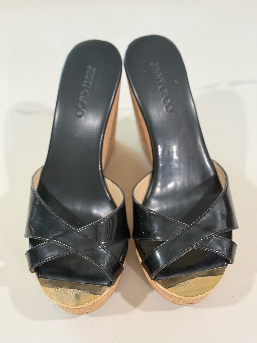 Jimmy Choo Black Patent Leather Crisscross Cork Wedge Mules